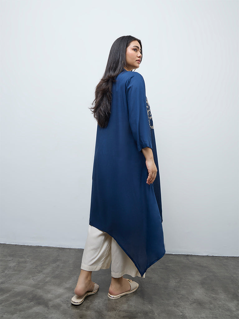 Diza Indigo Floral Embroidered High-Low Kurta