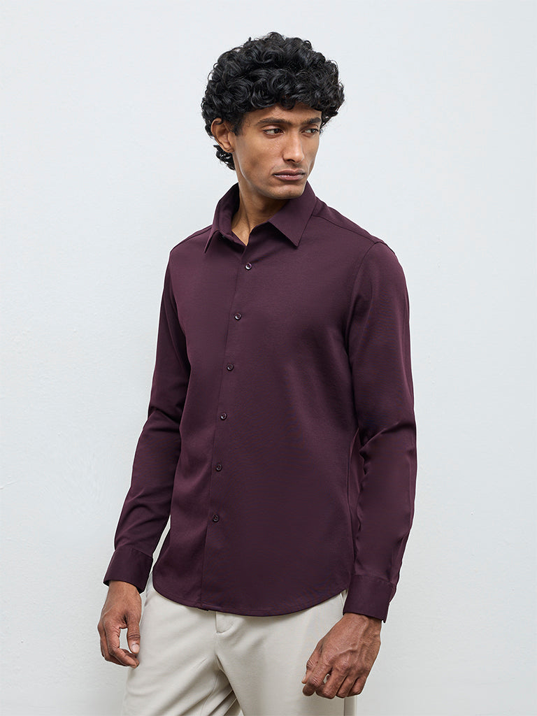 Buy WES Formals Dark Wine Slim-Fit Cotton-Blend Shirt from Westside