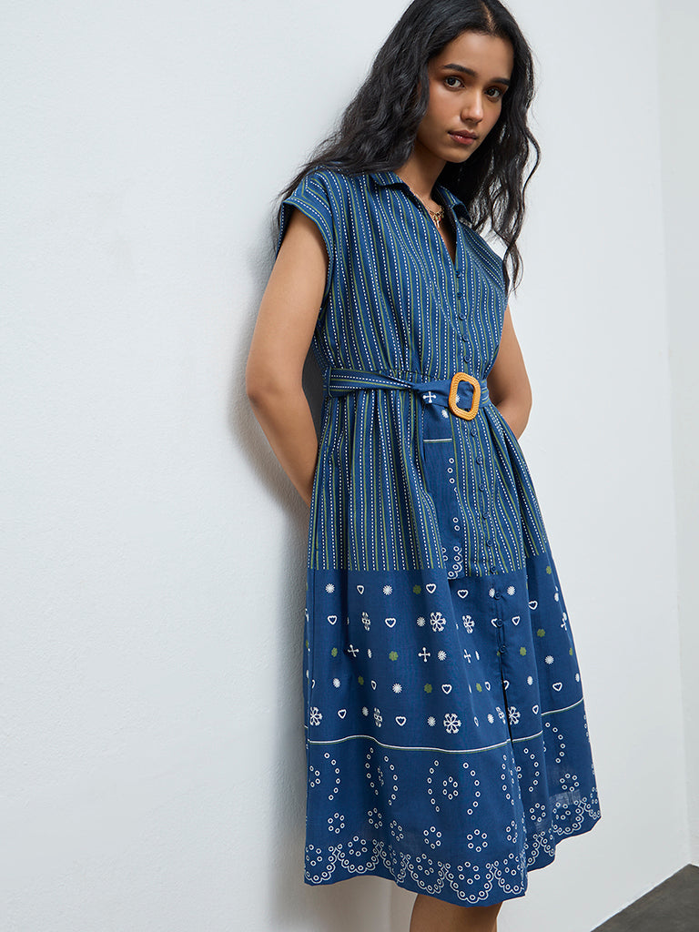 Buy Bombay Paisley Blue Striped Cotton Shirt Dress with Belt from Westside
