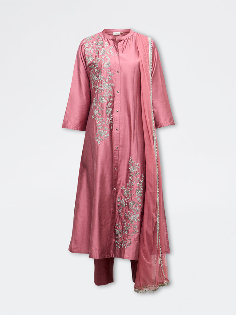 Vark Pink Floral Embroidered A-Line Ethnic Set