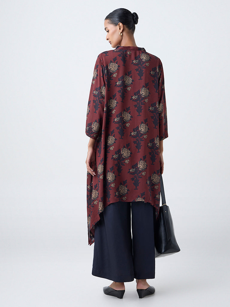 Zuba Brown Floral Pattern A-Line Kurta