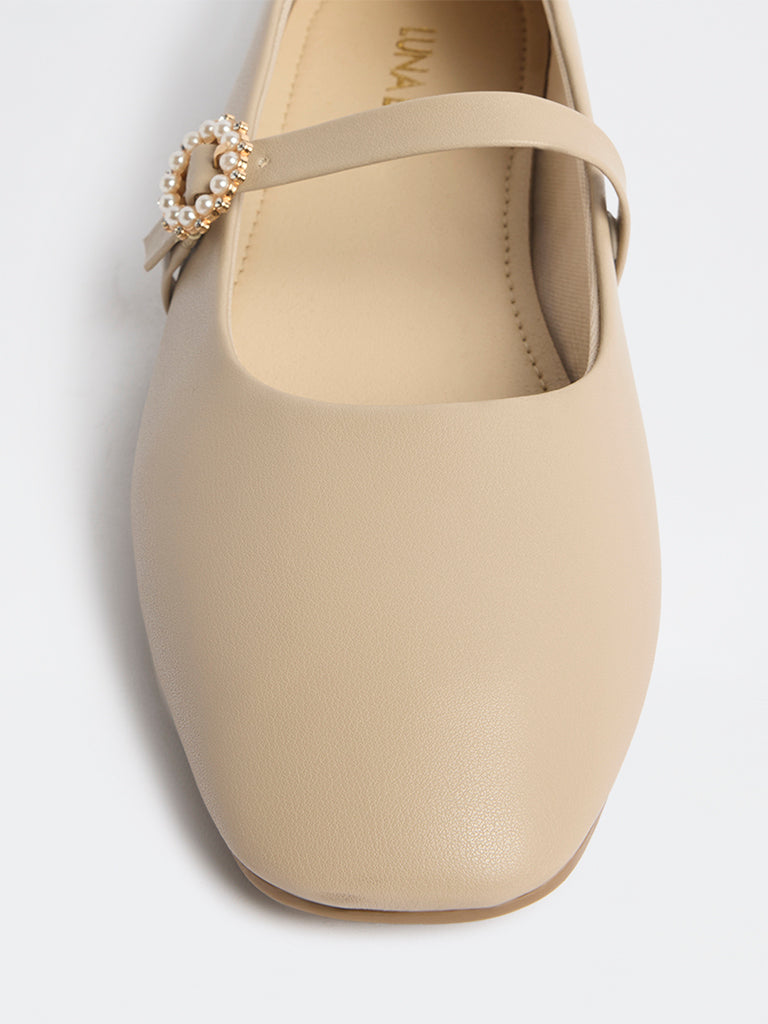 LUNA BLU Beige Pearl Embellished Mary Jane Shoes