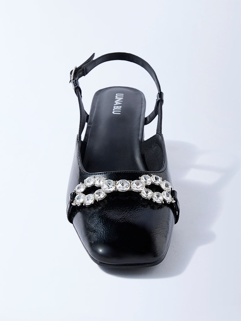 LUNA BLU Black Diamante Embellished Slingback Mules