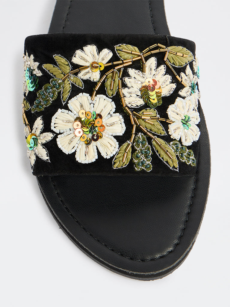LUNA BLU Black Floral Embellished Slides