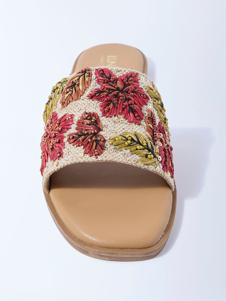LUNA BLU Beige Embroidered Slides