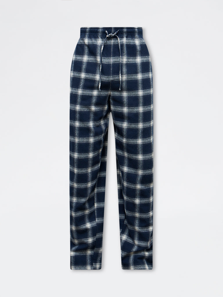WES Lounge Navy Checkered Relaxed-Fit Mid-Rise Cotton Pants