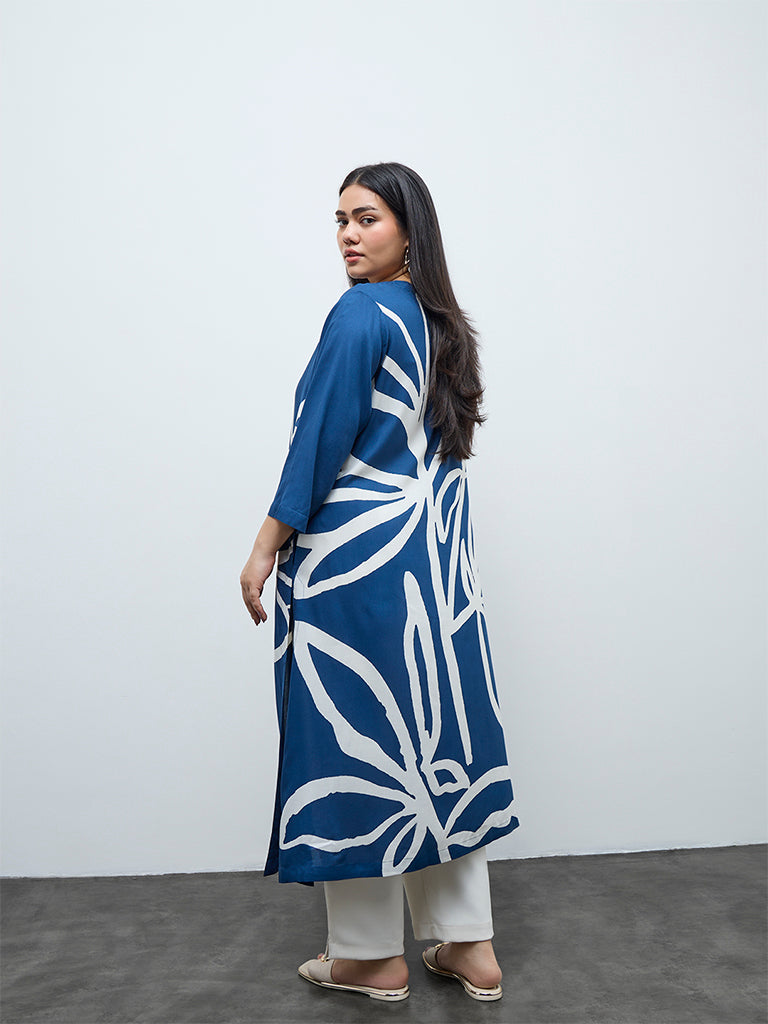 Diza Blue Abstract Printed A-Line Kurta