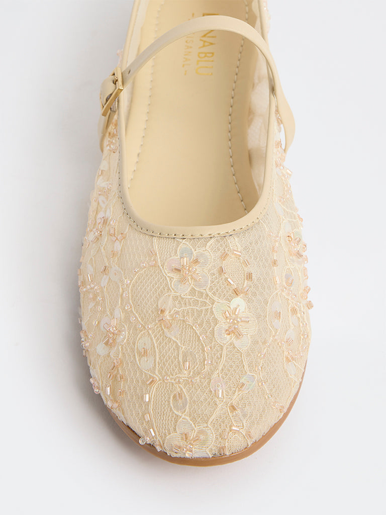 LUNA BLU Ivory Floral Embellished Mary Jane Shoes