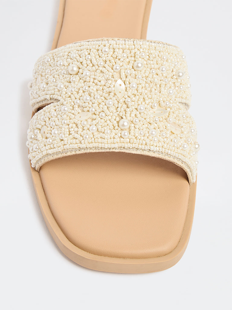 LUNA BLU Ivory Embellished Slides
