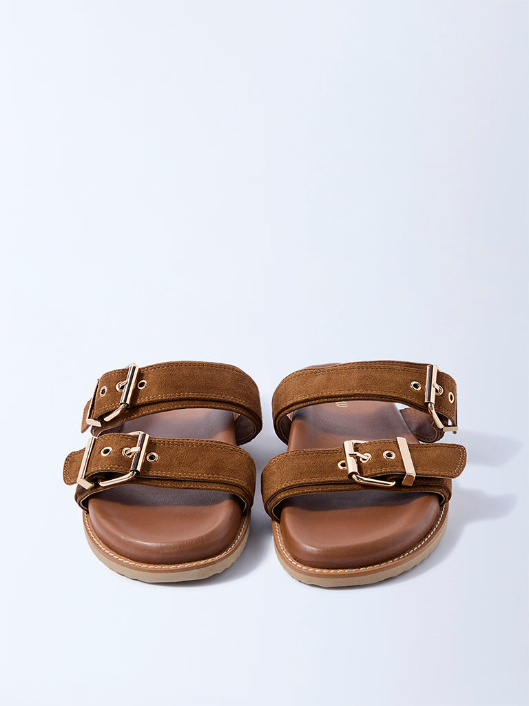 LUNA BLU Tan Buckled Slip-On Suede Comfort Sandals