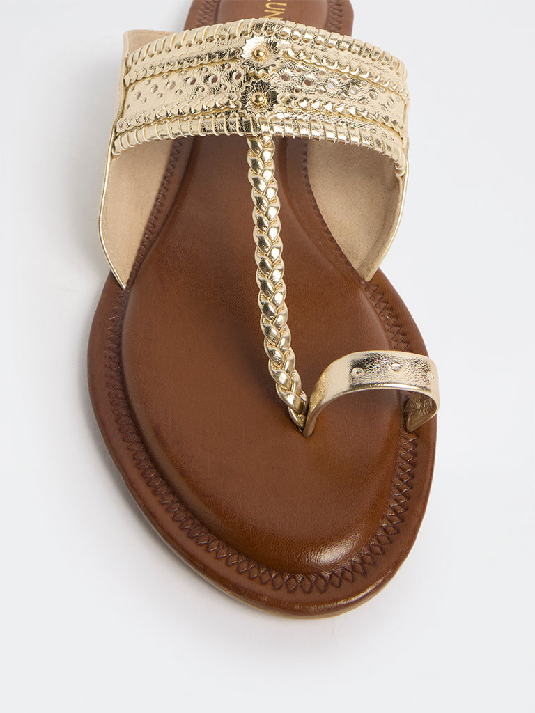 LUNA BLU Gold Braided Kolhapuri Sandals
