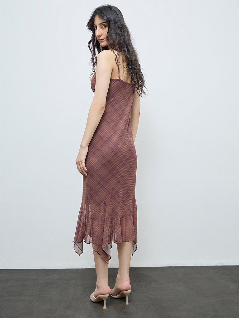 Nuon Brown Checks Detailed Bodycon Mesh Dress