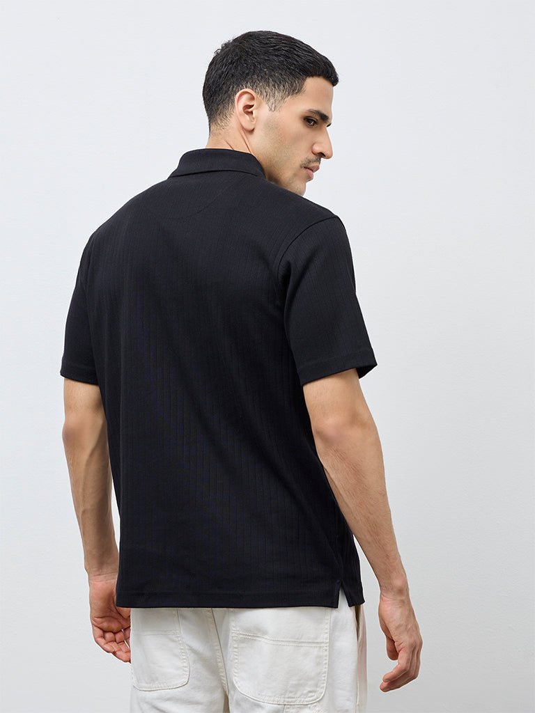 WES Casuals Black Textured Slim-Fit T-Shirt