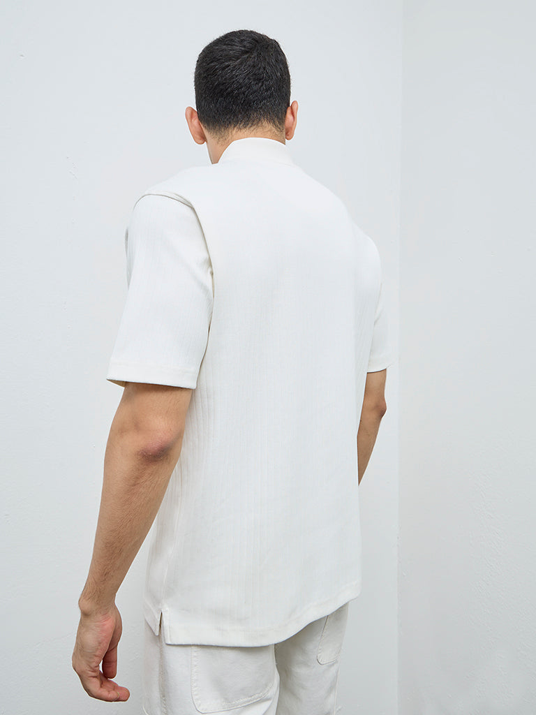 WES Casuals Off-White Self-Striped Slim-Fit Cotton-Blend Polo T-Shirt