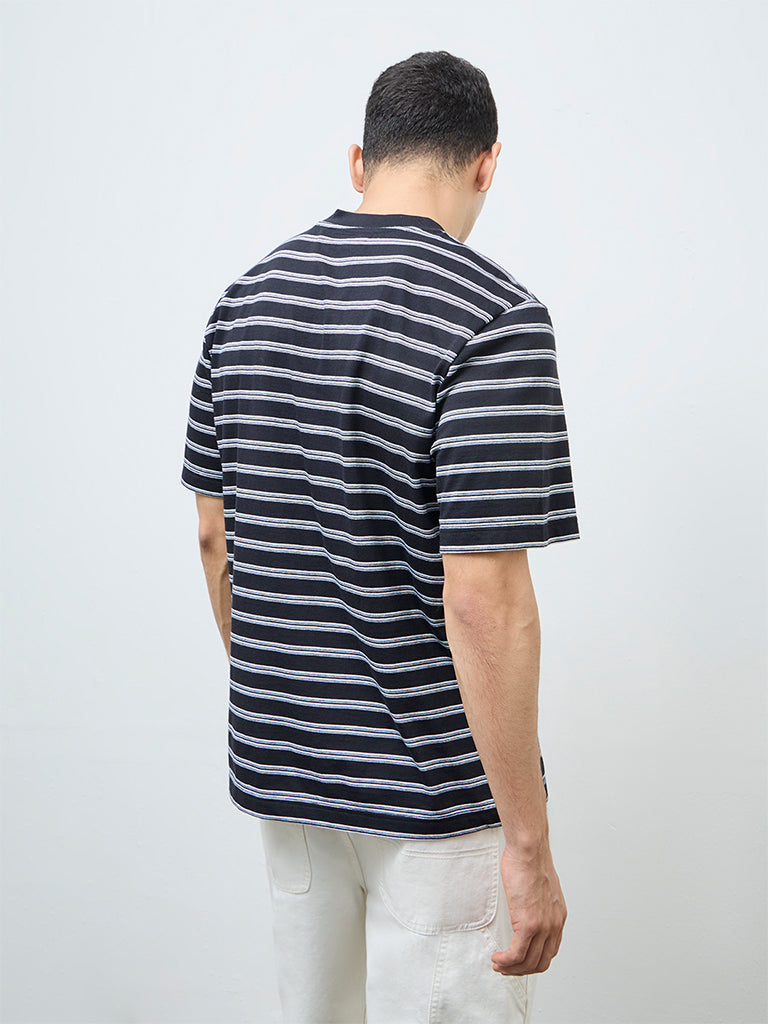 WES Casuals Black Striped Relaxed-Fit Cotton T-Shirt