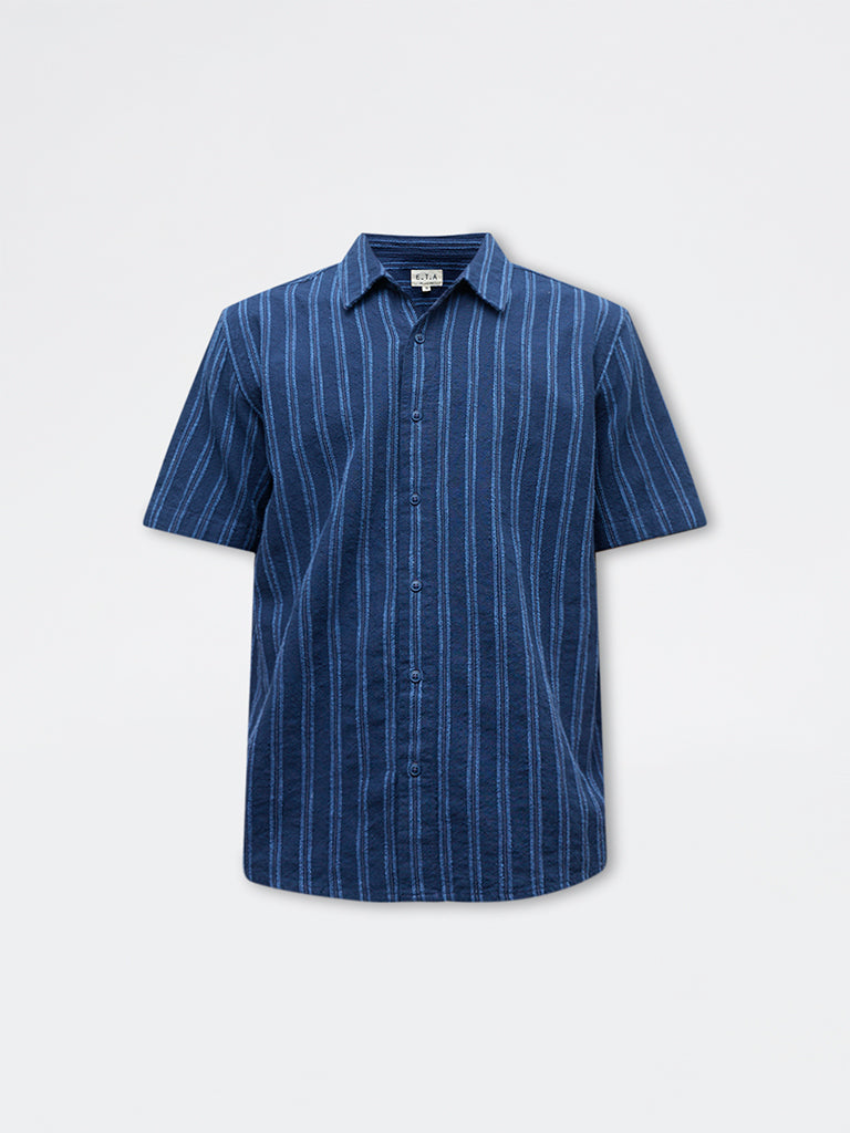 ETA Indigo Striped Printed Relaxed-Fit Cotton-Blend Shirt