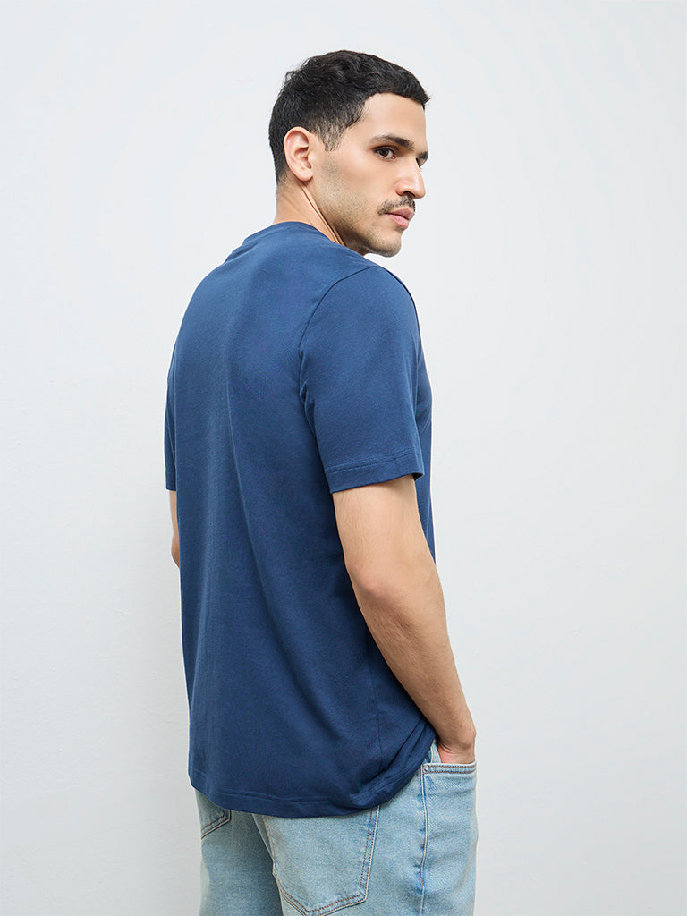 WES Casuals Indigo Solid Slim-Fit Cotton T-Shirt