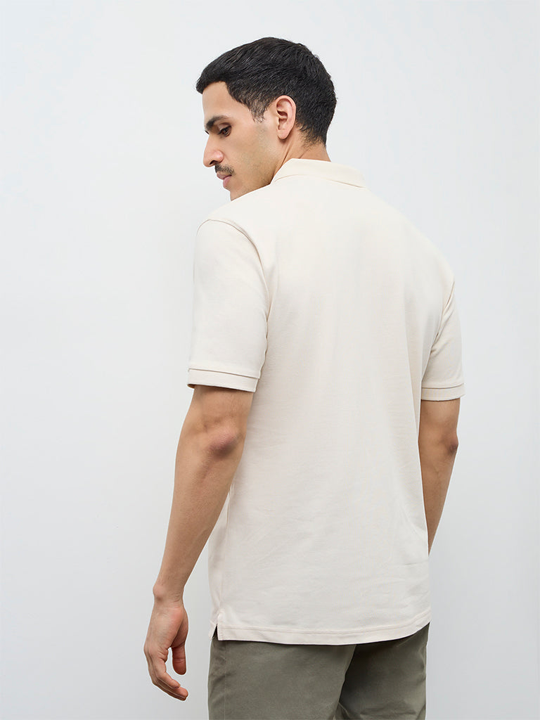 WES Casuals Beige Relaxed-Fit Cotton-Blend Polo T-Shirt