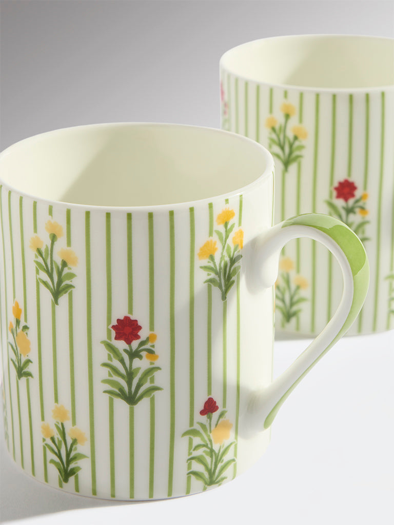 Westside Home Green Stripe Printed Mugs (Set of 2)