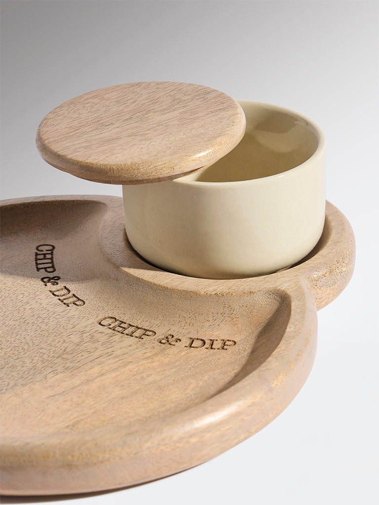 Westside Home Beige Typographic Wooden Chip and Dip Platter