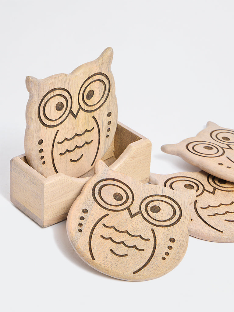 Westside Home Beige Wooden Owl Coasters (Set of 4)