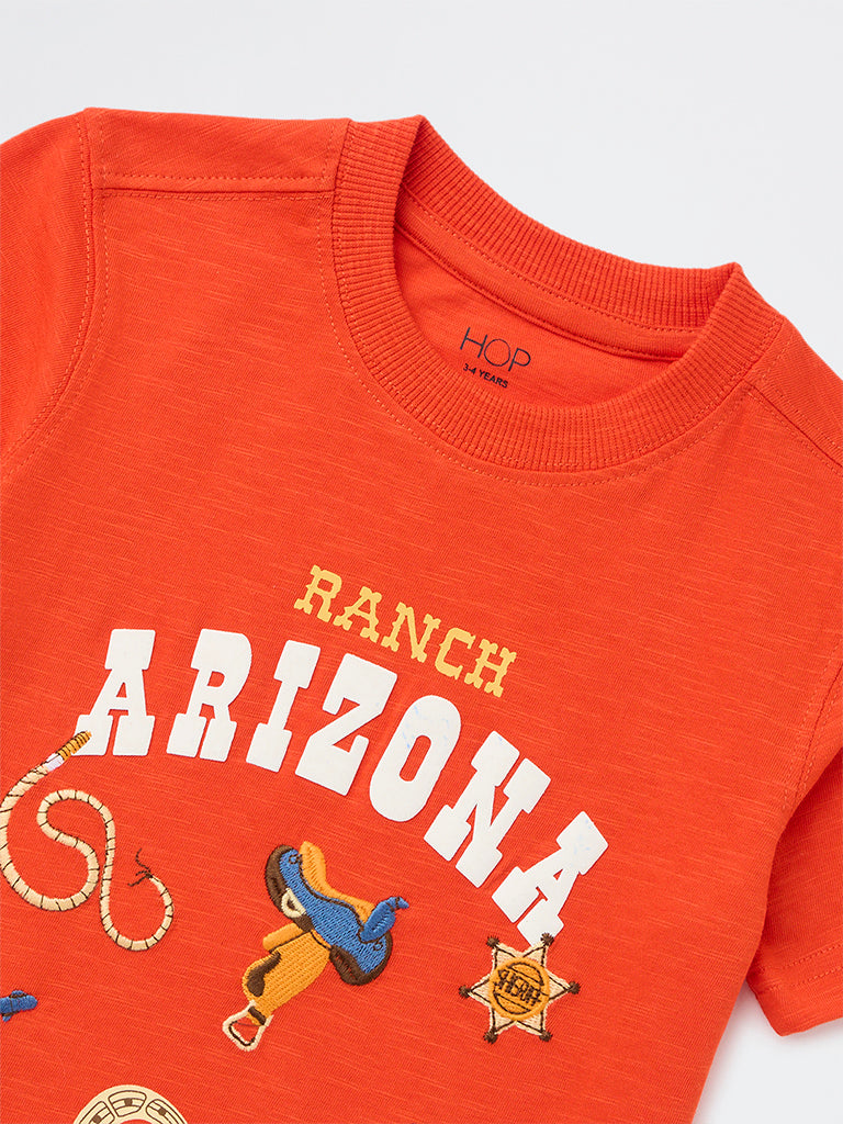 HOP Kids Boys Orange Printed Cotton T-Shirt