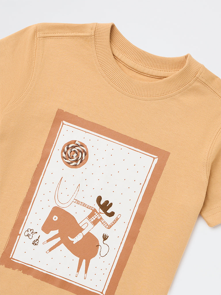 HOP Kids Boys Beige Printed Cotton T-Shirt