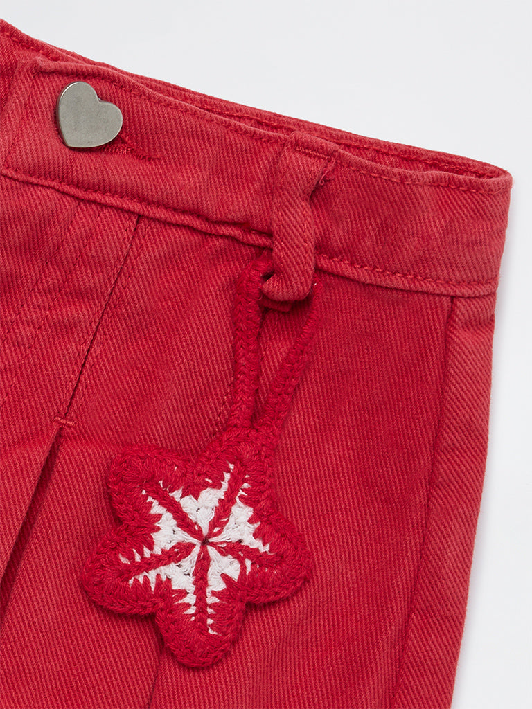 HOP Kids Girls Red Box Pleated High-Rise Denim Skorts