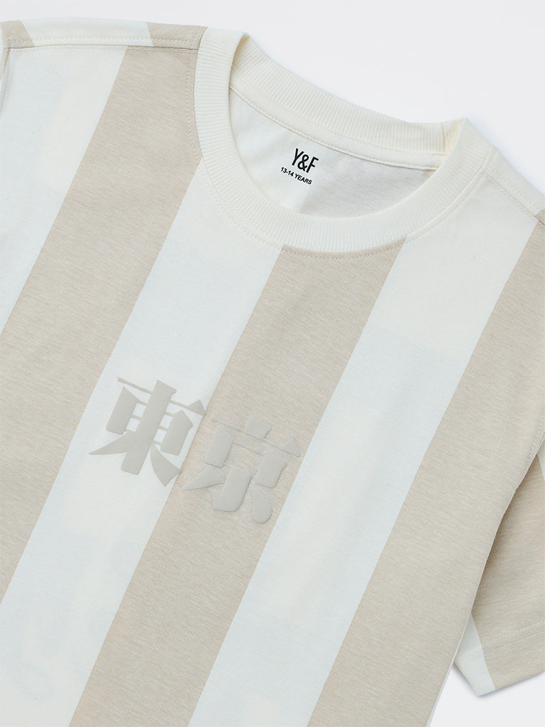 Y&F Kids Boys Beige Striped Pattern Cotton T-Shirt