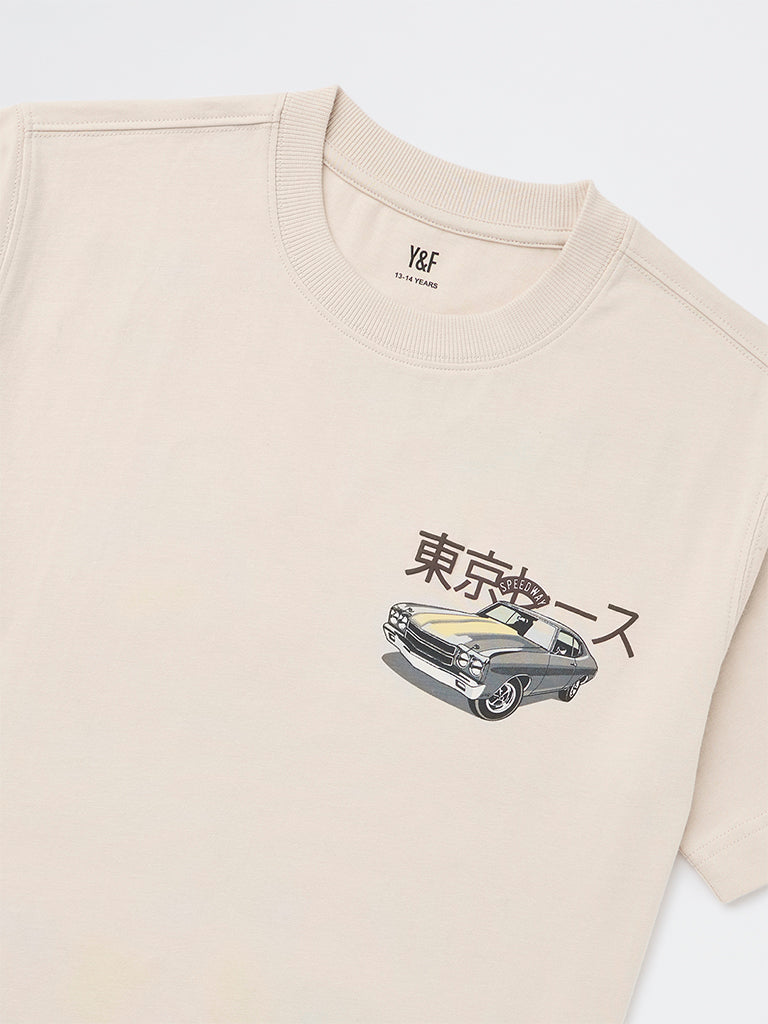 Y&F Kids Boys Beige Printed Cotton T-Shirt