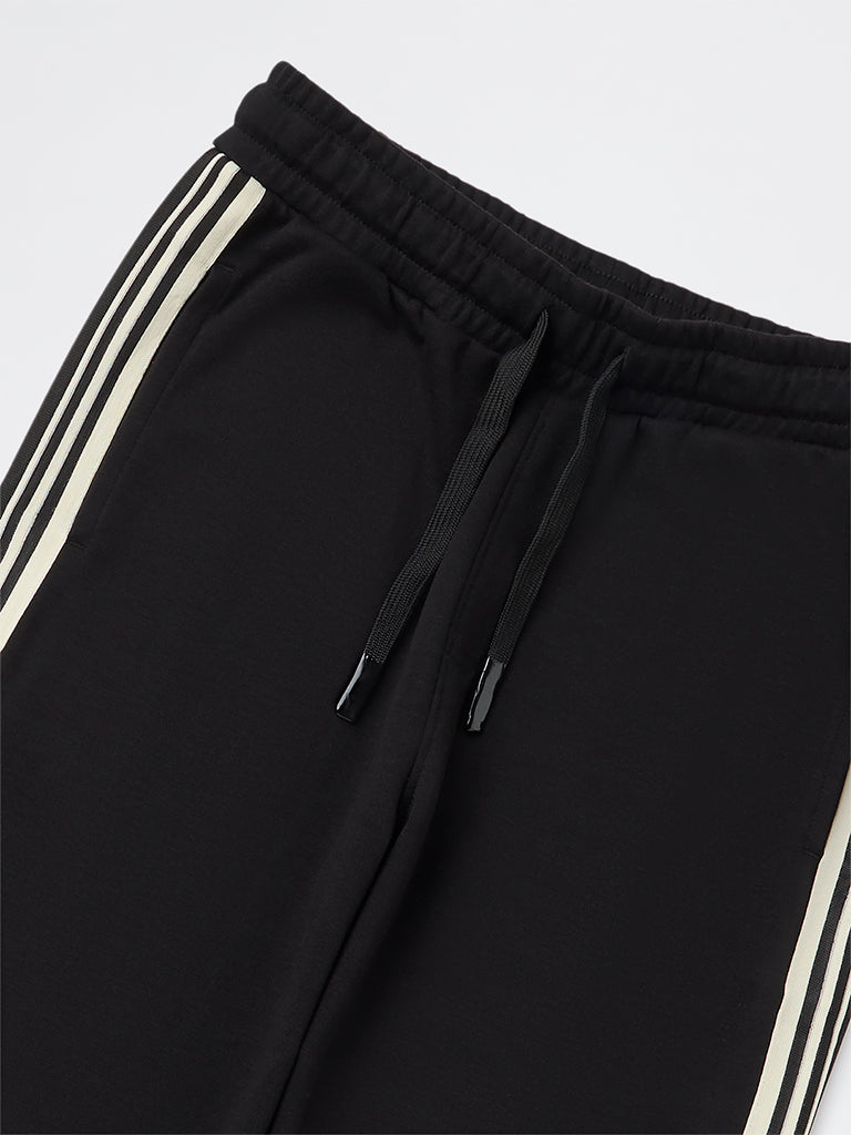 Y&F Kids Boys Black Striped Mid-Rise Cotton-Blend Track Pants