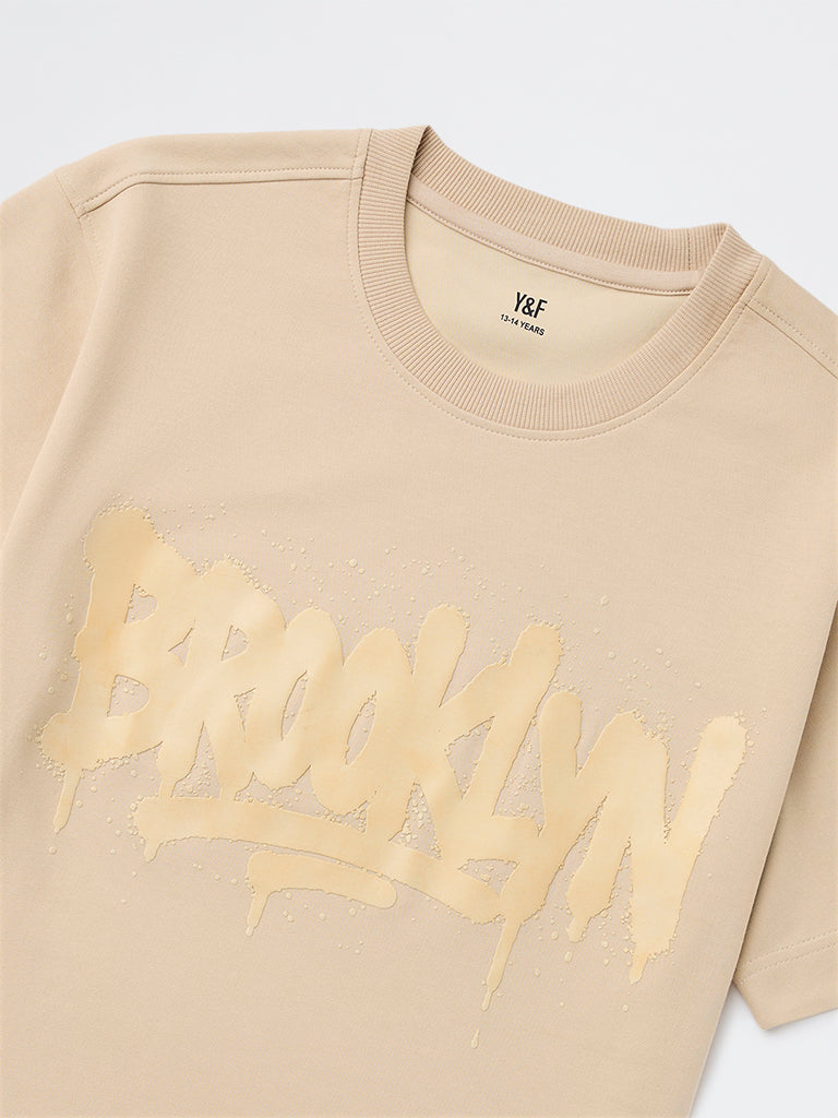 Y&F Kids Boys Cream Printed Cotton-Blend T-Shirt