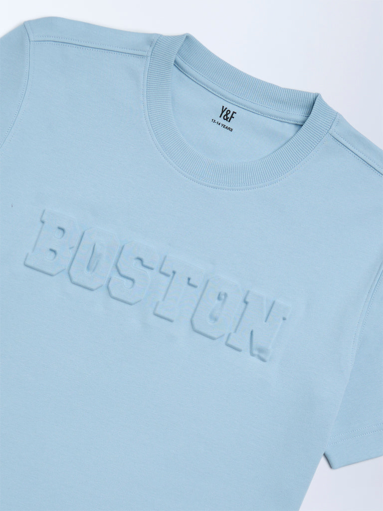 Boys Blue Text Embossed Cotton T-Shirt