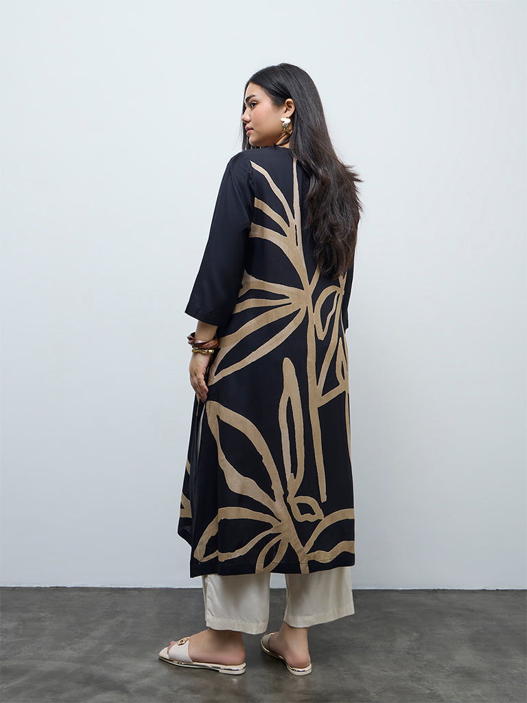Diza Black Abstract Printed A-Line Kurta