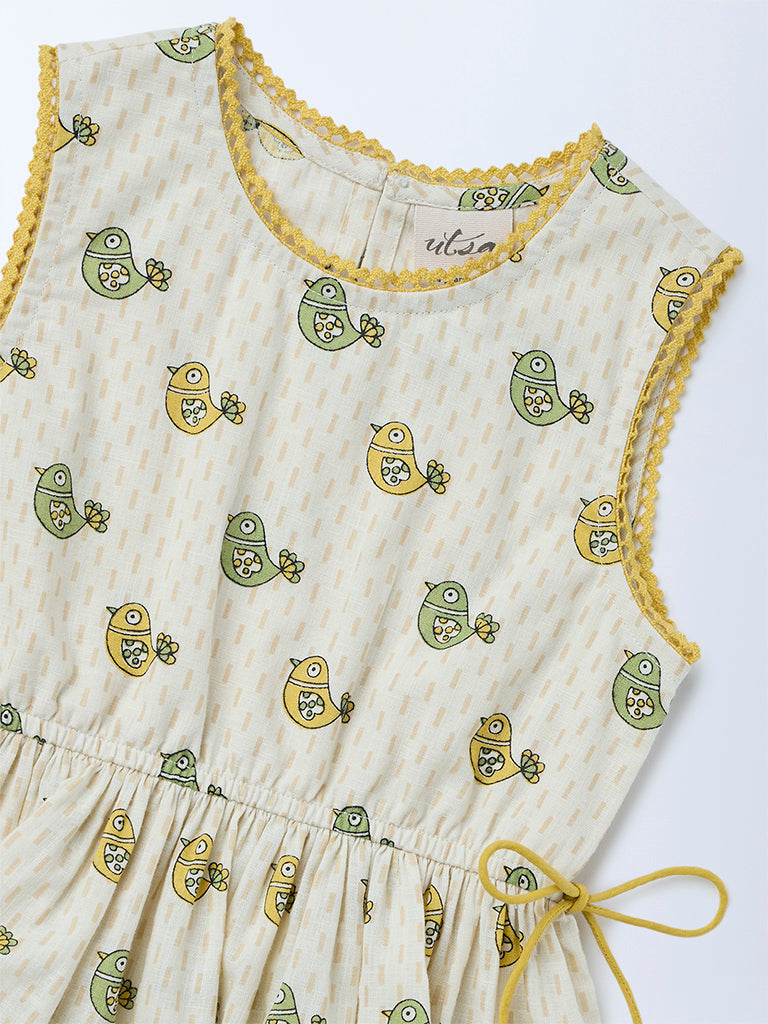 Utsa Kids Girls Off-White Bird Pattern Cotton Peplum Top - (2-8 yrs)