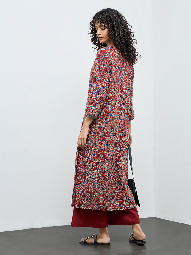 Utsa Rust Floral Printed Cotton A-Line Kurta