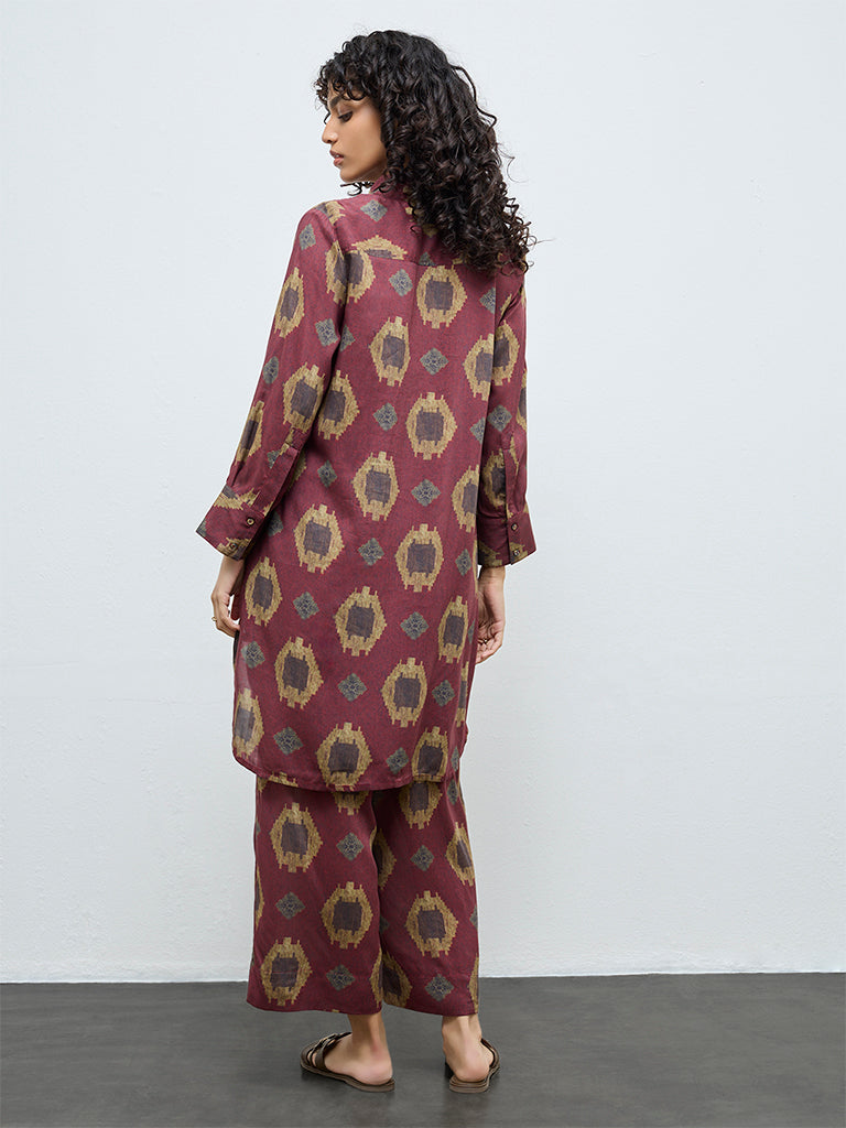 Utsa Maroon Printed A-Line Cotton Kurta