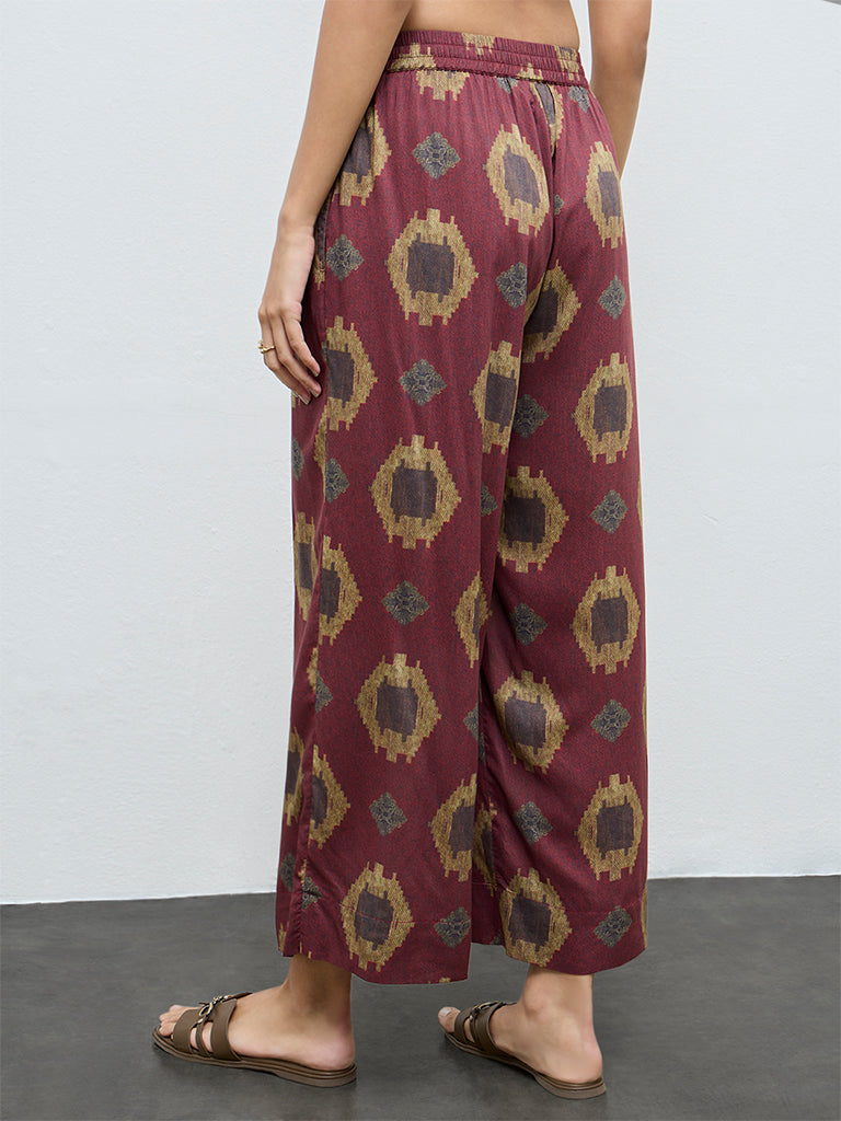 Utsa Maroon Printed Cotton Palazzos