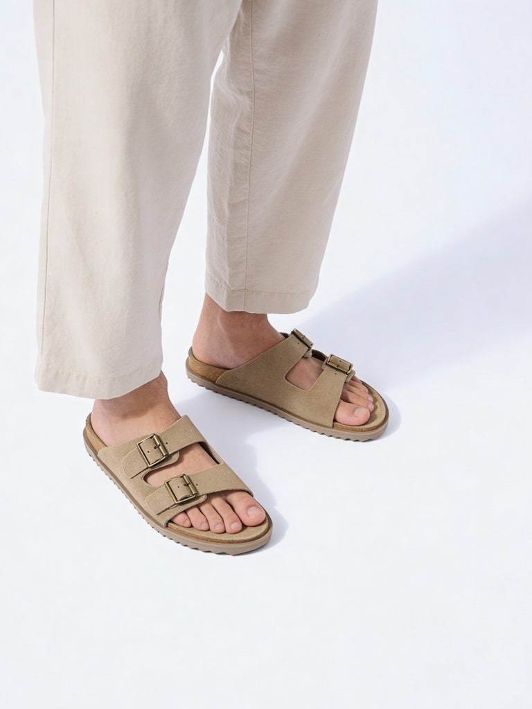 SOLEPLAY Taupe Slip-On Suede Sandals