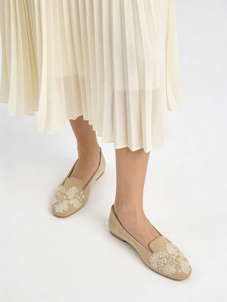 LUNA BLU Beige Suede Floral Embroidered Loafers