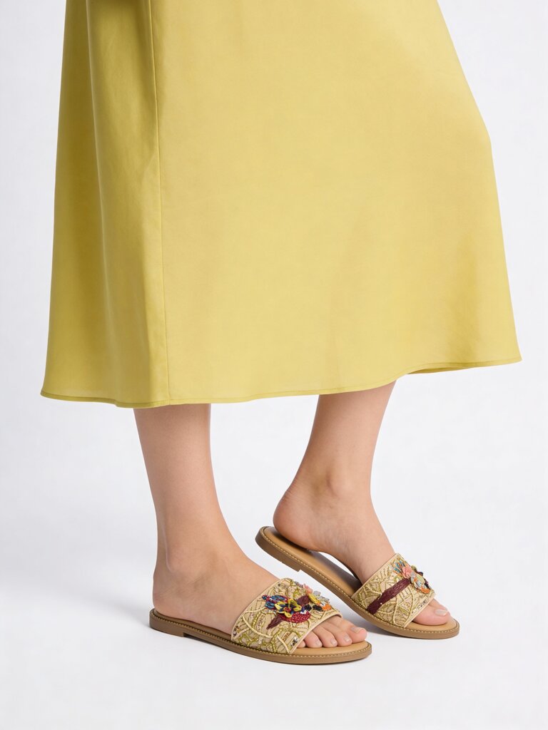 LUNA BLU Gold Parrot Embroidered Slides