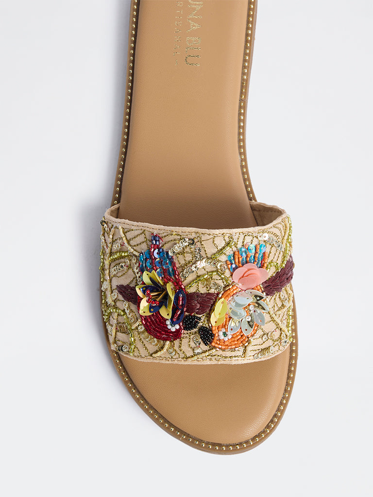 LUNA BLU Gold Parrot Embroidered Slides
