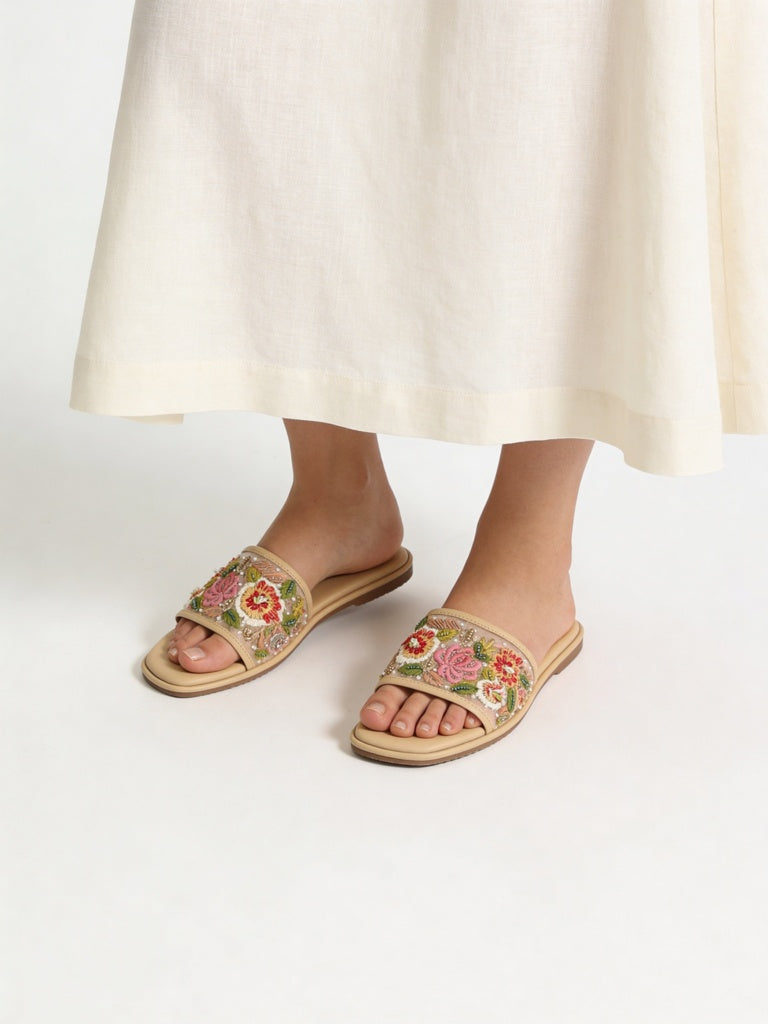 LUNA BLU Beige Floral Embroidered Slides