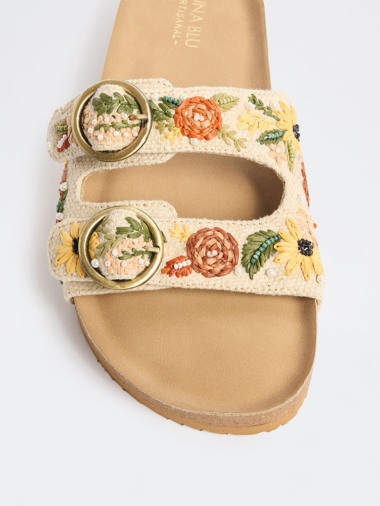 LUNA BLU Yellow Floral Embroidered Slip-On Sandals