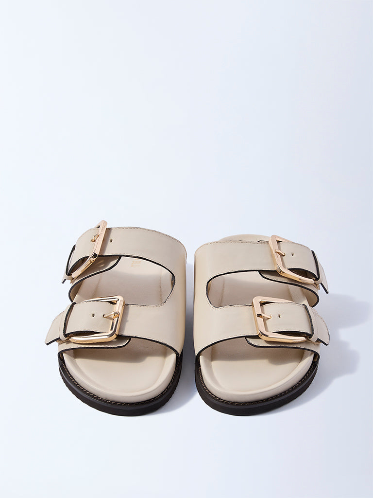 LUNA BLU Ivory Buckled Slip-On Sandals