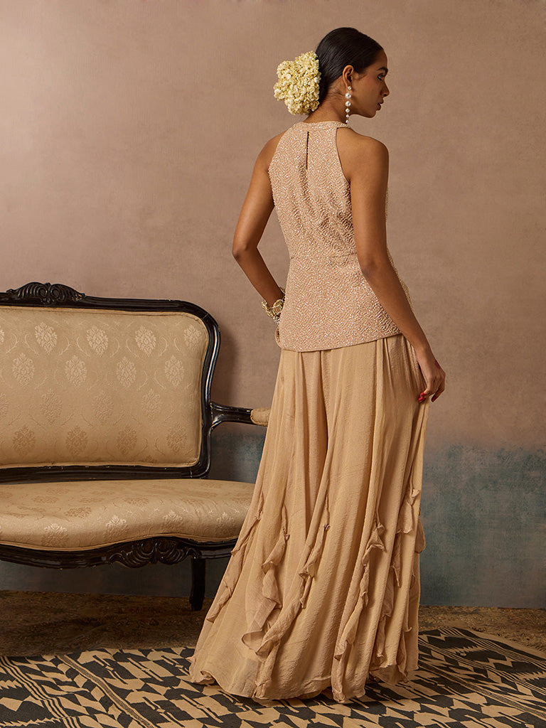 Embellished Beige Top with Pants Set