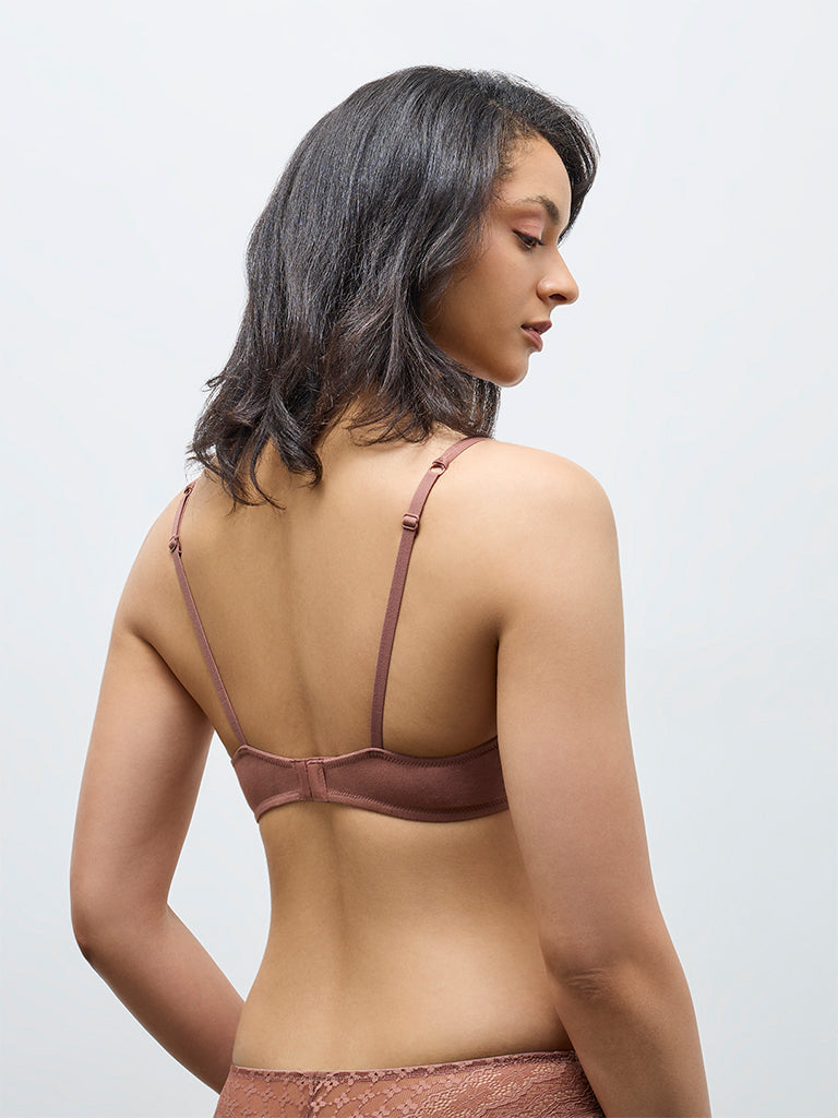 Wunderlove Brown Lace Detailed Cotton-Blend Underwired Bra