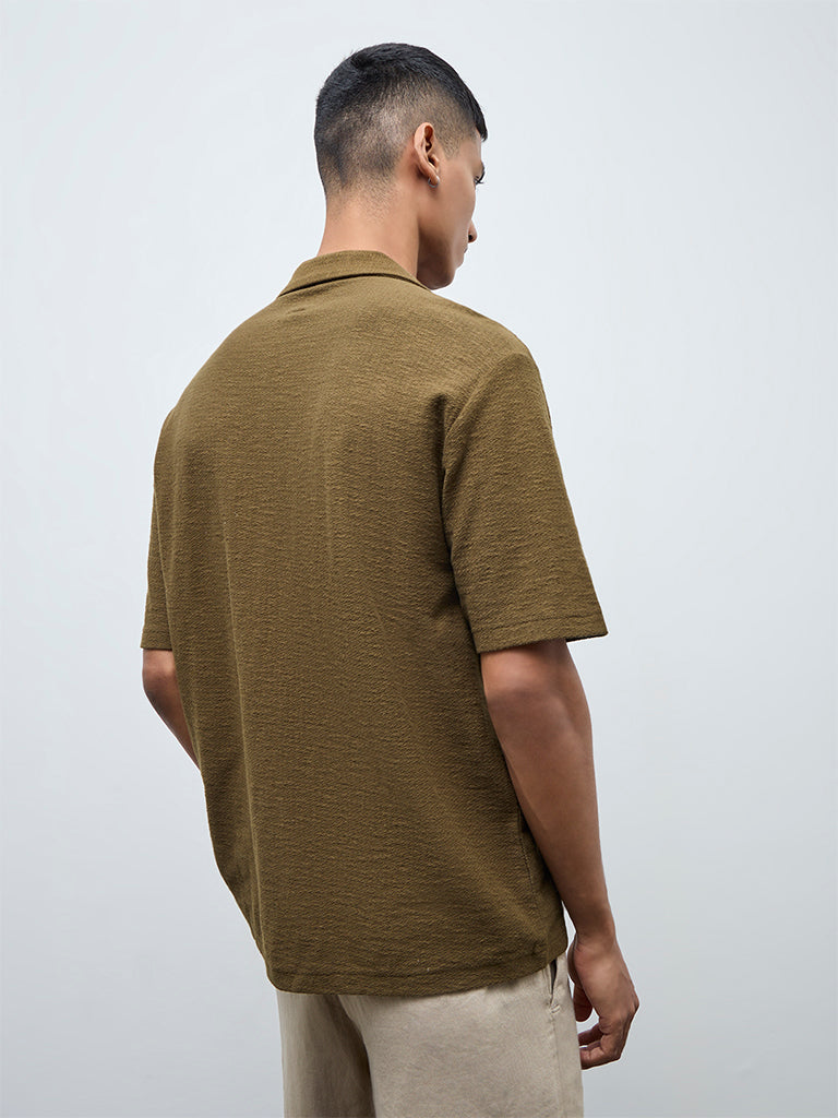 ETA Olive Floral Embroidered Relaxed-Fit Cotton Shirt