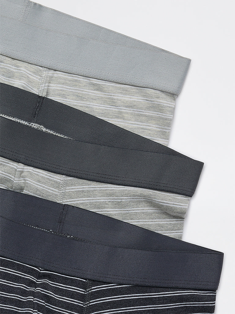 WES Lounge Grey Striped Cotton-Blend Trunks - Pack of 3