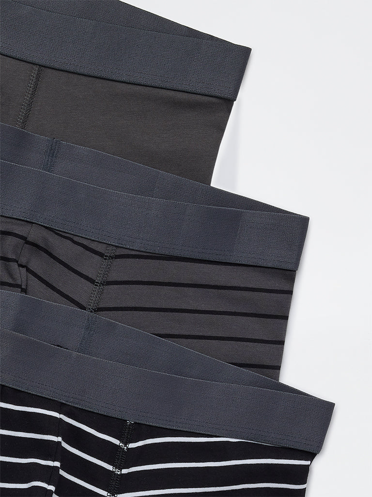 WES Lounge Grey Striped Cotton-Blend Trunks - Pack of 3